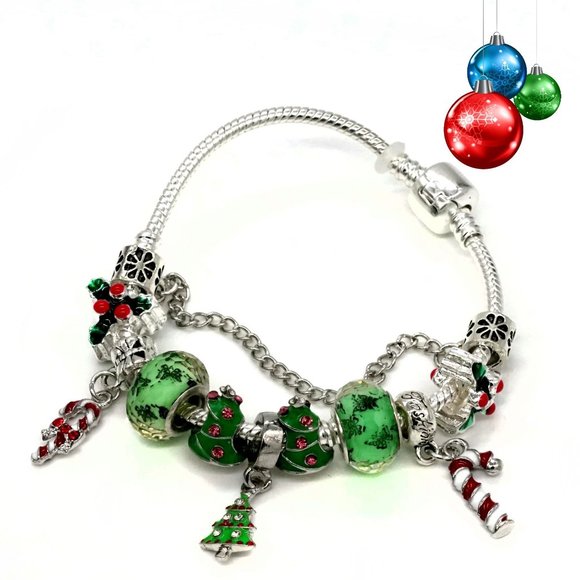 My Bead Emporium Jewelry - Bracelet Christmas Tree Candy Cane Charms Holly Trees Green Euro Beads Silver